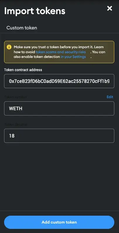 Import WETH Tokens to Polygon Account on MetaMask