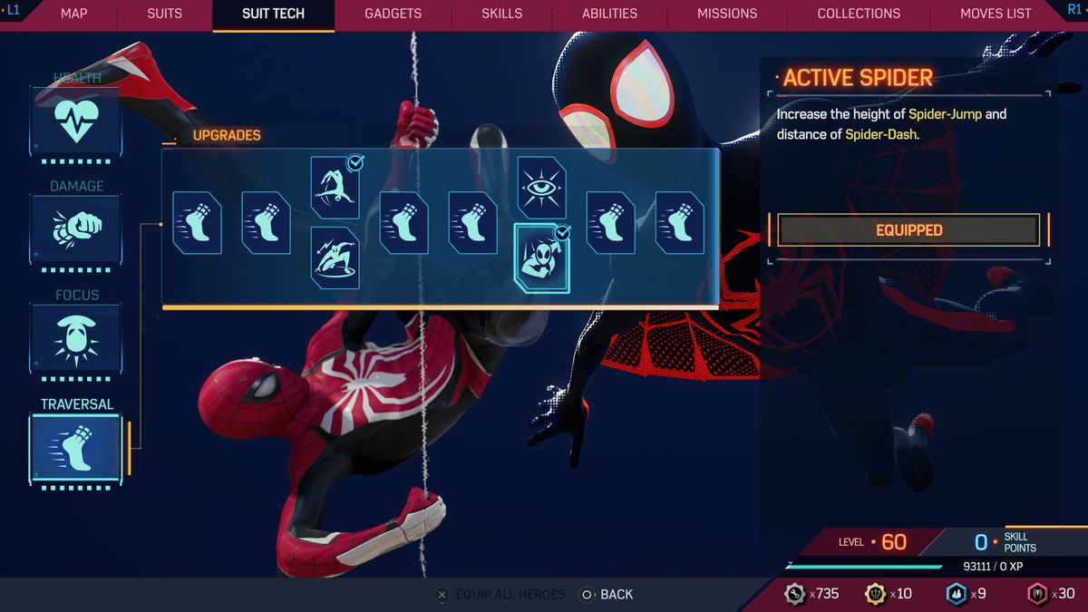 A menu shows the Active Spider skill in Spider Man 2 on PS5.