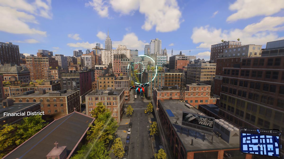 Spider Man soars through the financial district in Spider Man 2 on PS5 trophy.