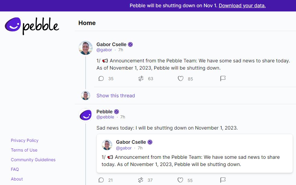 Pebble, "Twitter killer"-appen för sociala medier, drabbas av en abrupt död och stängs av efter 10 månader - TechStartups