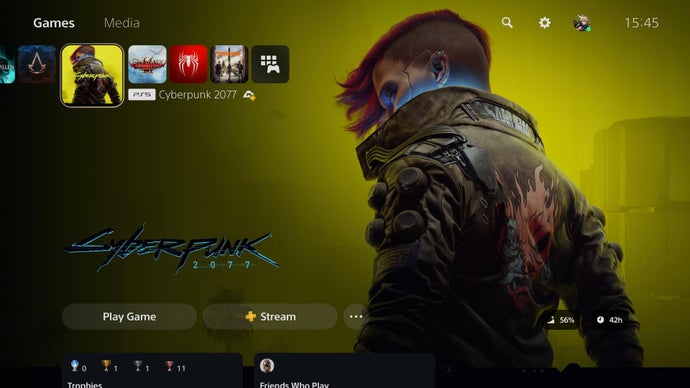 Uporabniški vmesnik PlayStation 5 prikazuje Cyberpunk in logotip pretakanja