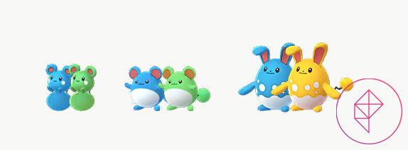Shiny Azurill, Marill, and Azumarill in Pokémon Go. Both Azurill and Marill turn green from blue and Azurill turns gold.