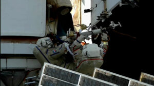 Spacewalking cosmonauts find radiator coolant leak