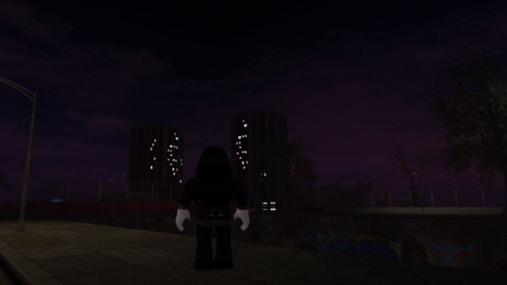 Feature image for our Tha Bronx 2 codes guide. It shows a player character looking out over the city at night, tower blocks in the distance.