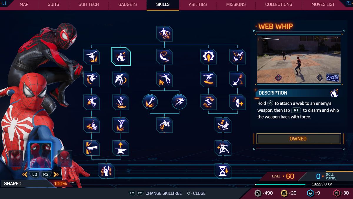 The Shared skill Web Whip in the Spider-Man 2 menu