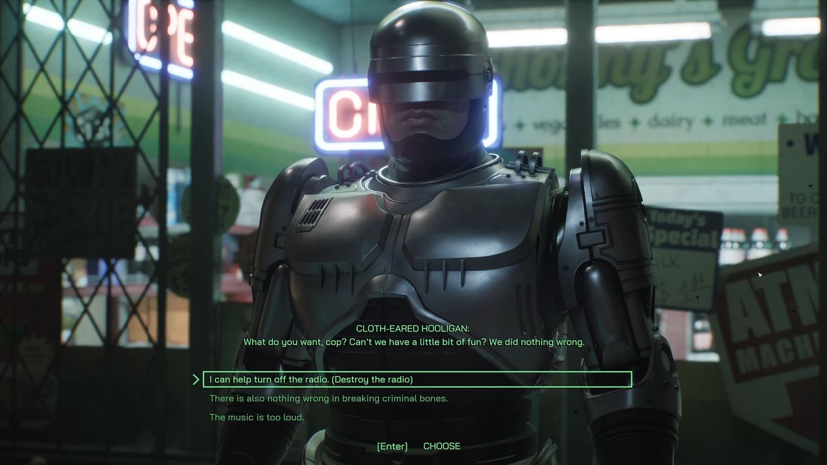 RoboCop kohtaa joukon hölmöilyjä lähikaupan ulkopuolella ja pyytää heitä hillitsemään musiikkiaan