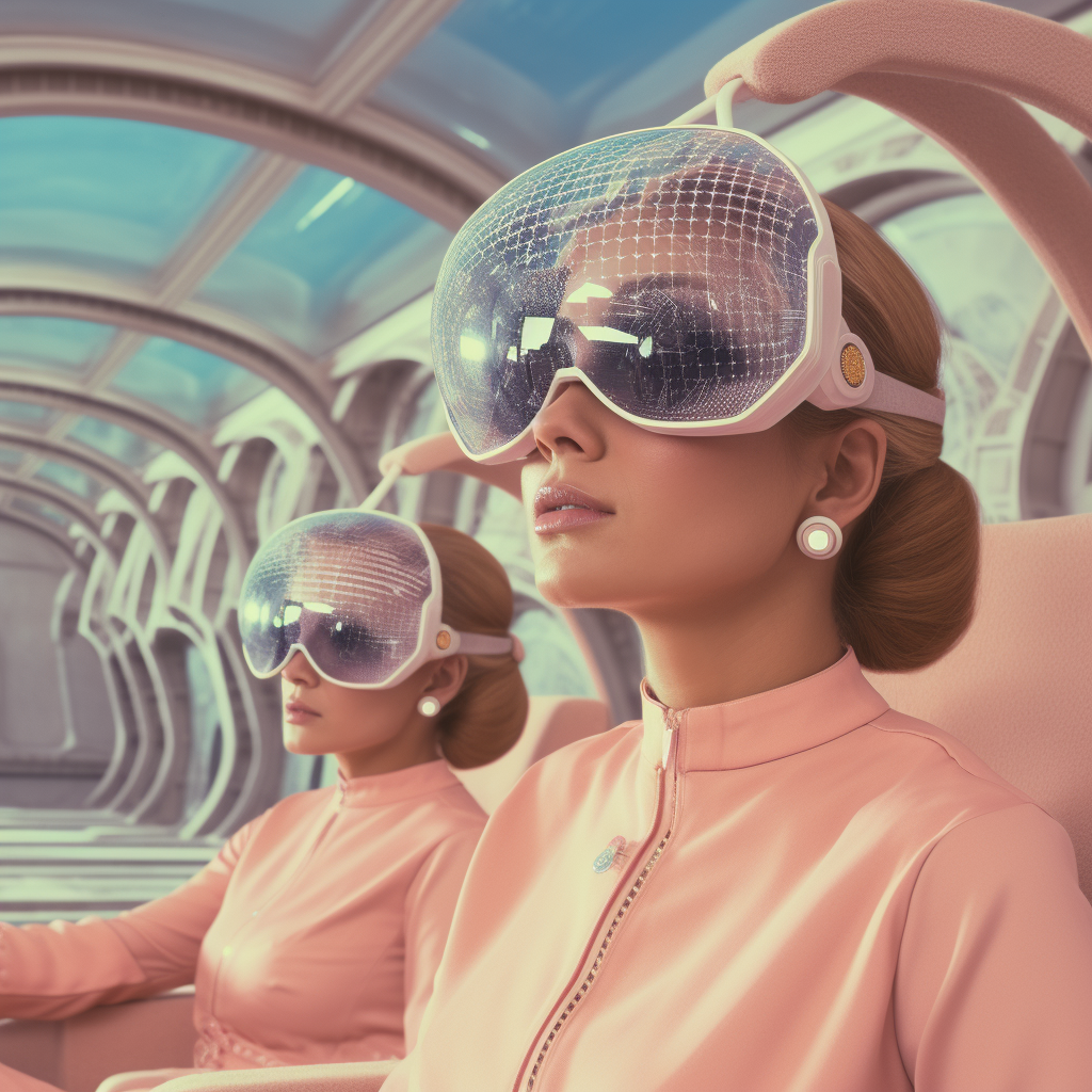 dua wanita dengan setelan futuristik berwarna merah muda pastel dan kacamata besar bergaya penerbang duduk di lorong futuristik dan melihat ke kejauhan. Saya suka foto ini untuk mengilustrasikan cara alternatif menggunakan ChatGPT karena membangkitkan futurisme dan juga bukan tulisan.