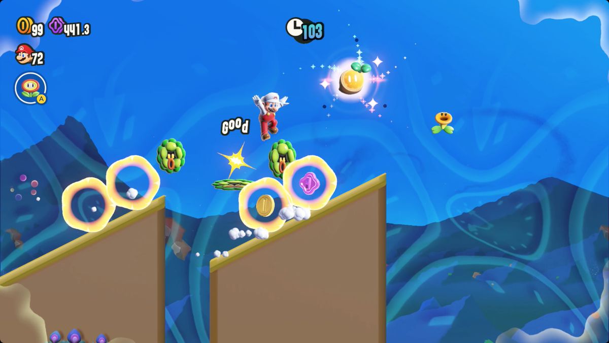 Super Mario Bros. Wonder Valley Fulla Snootles screenshot showing the location of a Wonder Seed.