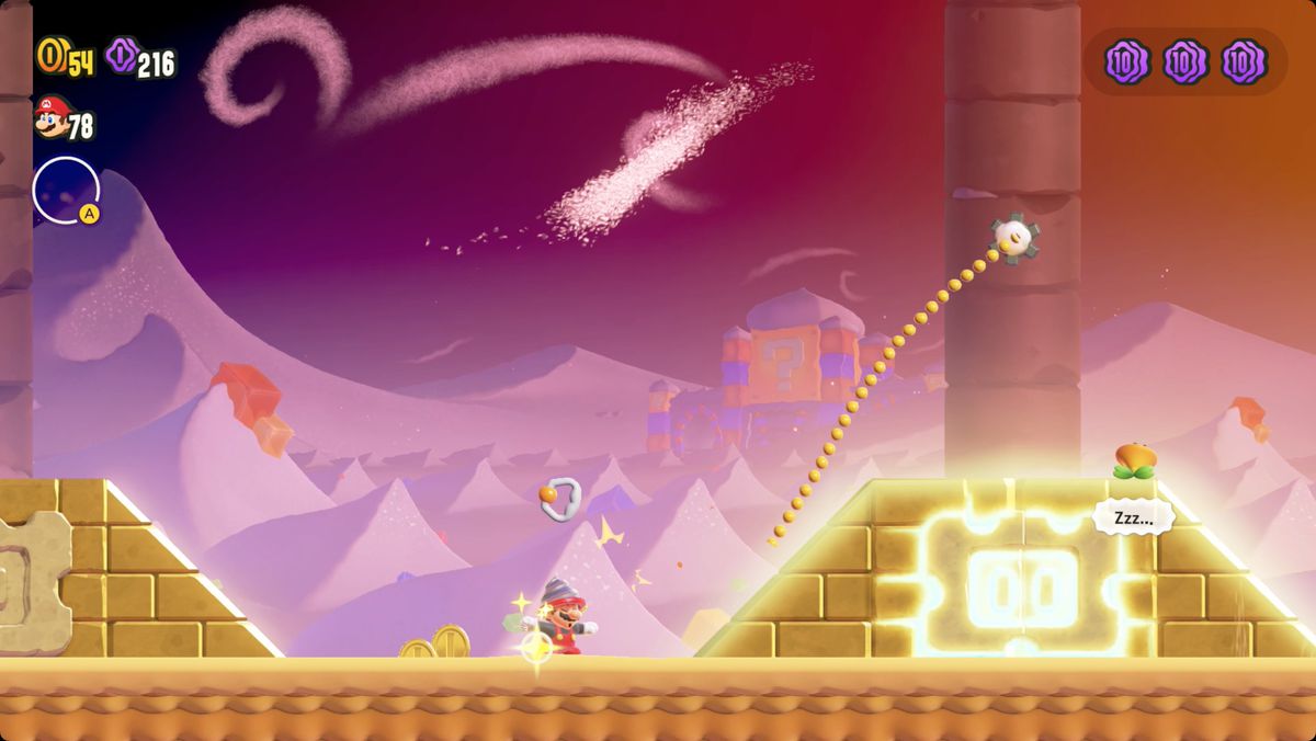 Super Mario Bros. Wonder The Desert Mystery screenshot showing the Wonder Flower location.