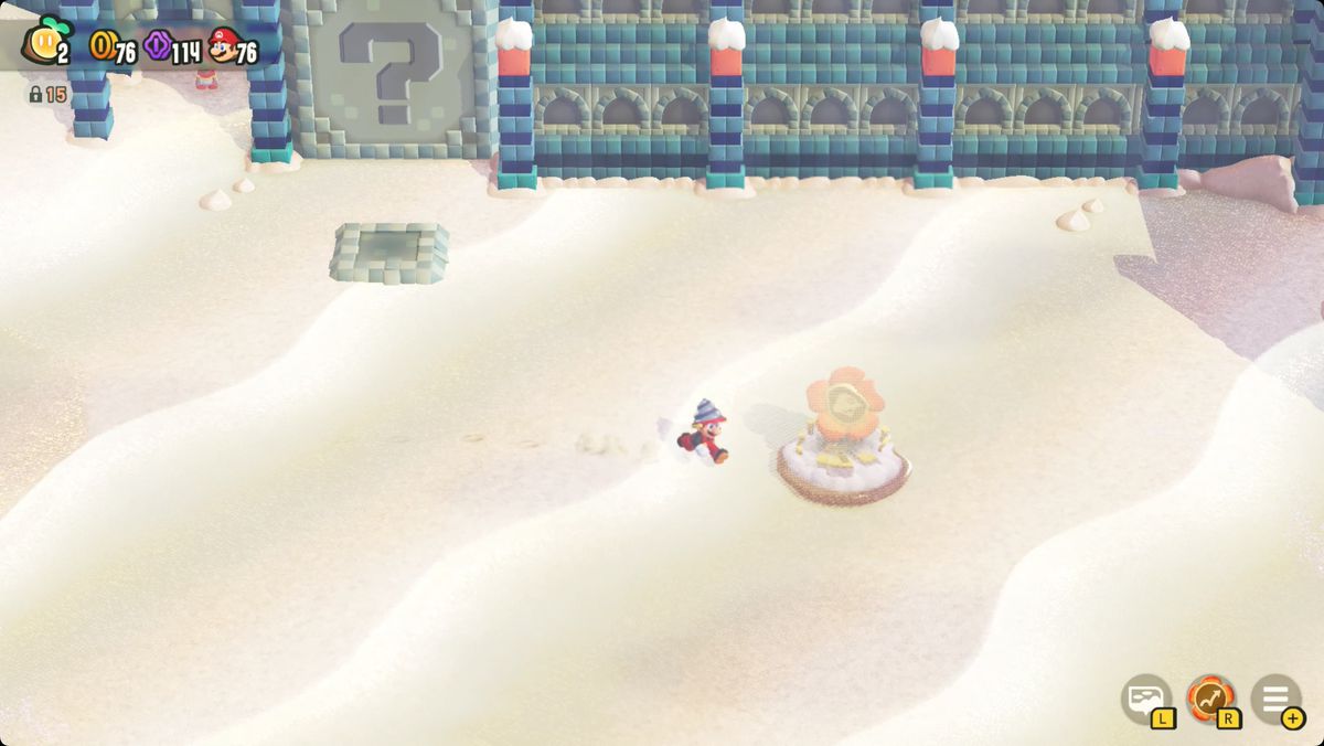 Super Mario Bros. Wonder Sunbaked Desert screenshot showing how to reach the Badge Challenge: Parachute Cap 2 level.