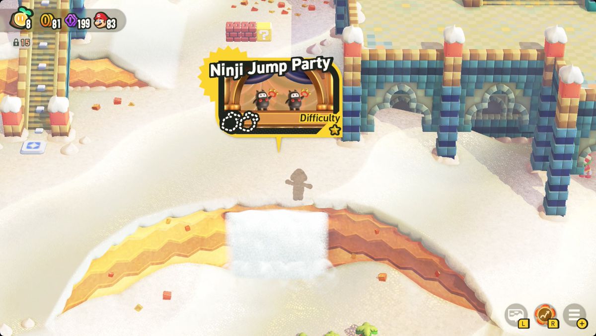 Super Mario Bros. Wonder Sunbaked Desert screenshot showing how to access the Ninji Jump Party level.