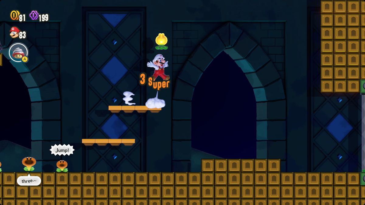 Super Mario Bros. Wonder Ninji Jump Party screenshot showing the Wonder Flower location.