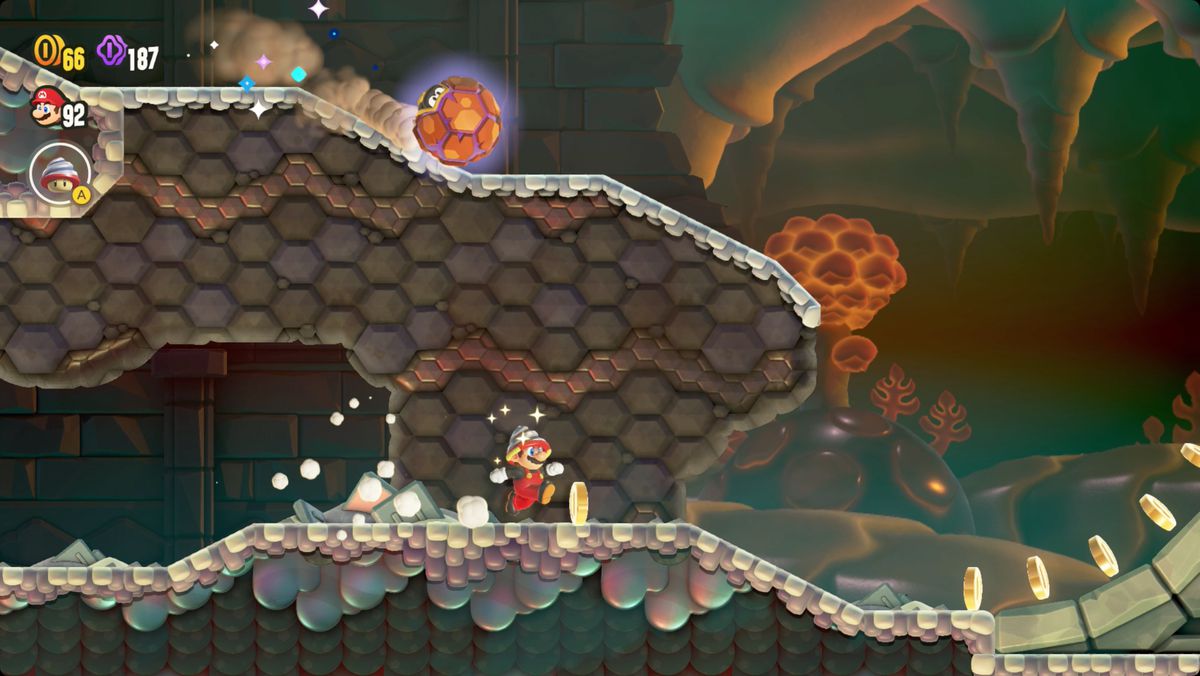 Super Mario Bros. Wonder Where the Rrrumbas Rule screenshot showing the Wonder Flower location.