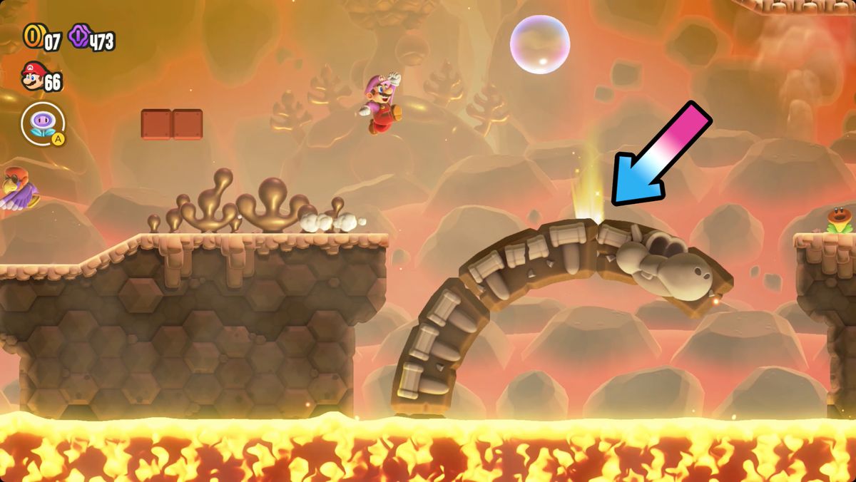 Super Mario Bros. Wonder Dragon Boneyard screenshot showing the Wonder Flower location.