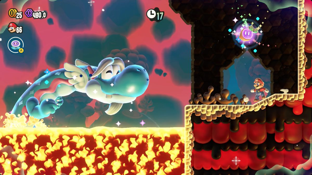 Super Mario Bros. Wonder Dragon Boneyard screenshot showing the location of a Wonder Seed.