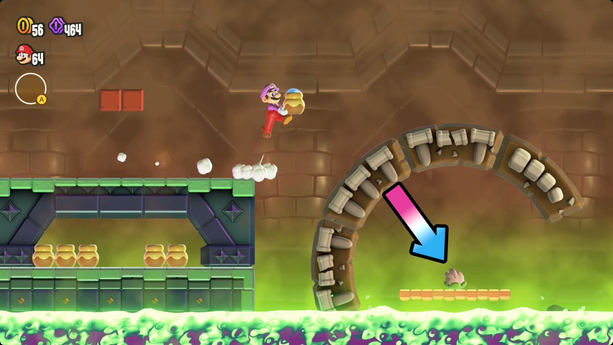 Super Mario Bros. Wonder Deep Magma Bog Palace screenshot showing the Wonder Flower location.