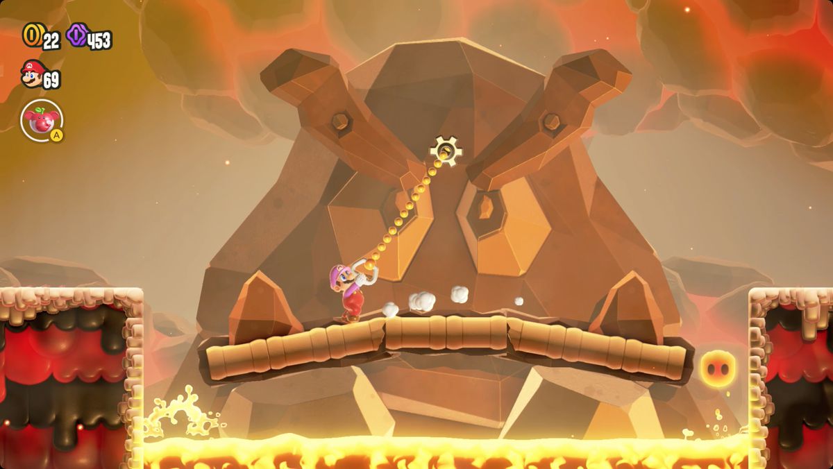 Super Mario Bros. Wonder Pull, Turn, Burn screenshot showing the Wonder Flower location.