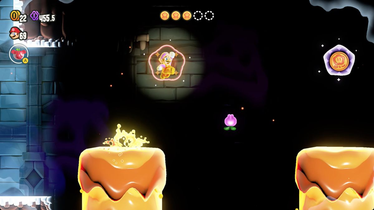 Super Mario Bros. Wonder Pull, Turn, Burn screenshot showing a Wonder Token location.