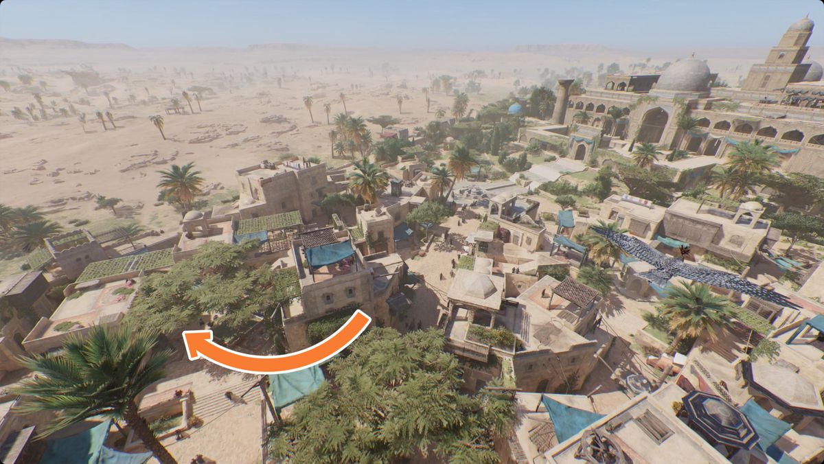 Assassin’s Creed Mirage overhead shot showing the location of the A Challenge Enigma