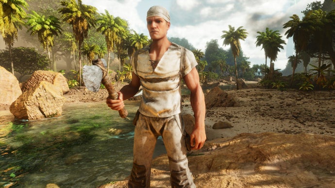 Tangkapan layar dari Ark: Survival Ascended memperlihatkan karakter pemain berdiri di atas batu di tengah sungai, menghadap kamera dengan kapak di tangannya.