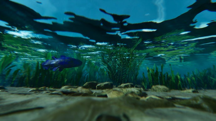 Скриншот из Ark: Survival Ascended, показывающий рыбу, плавающую под водой.