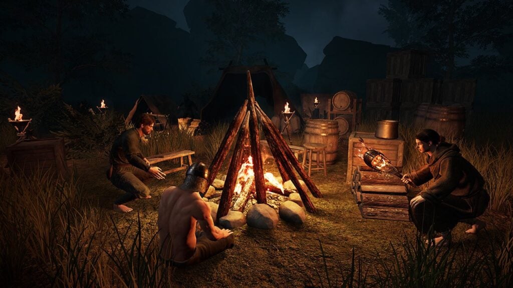 Adventurers sit around a fireside in Dark and Darker Mobile.