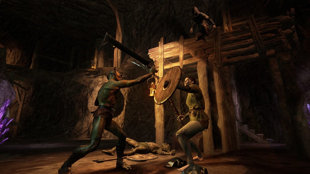 An adventurer blocks an attack in Dark and Darker Mobile.