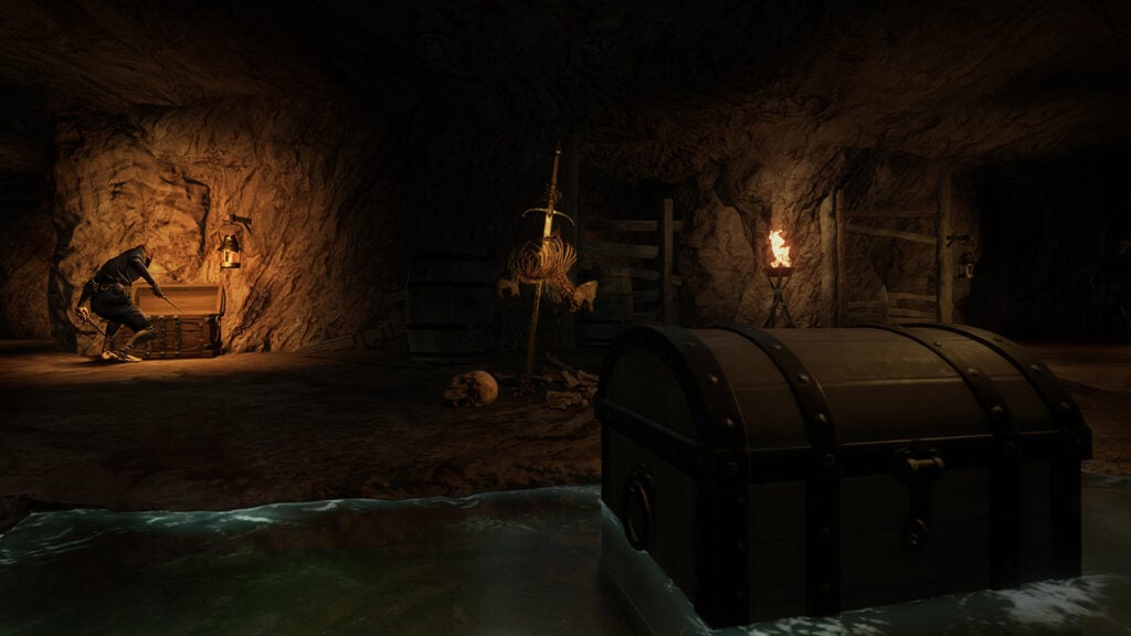 An adventurer opening a treasure chest in Dark and Darker Mobile.