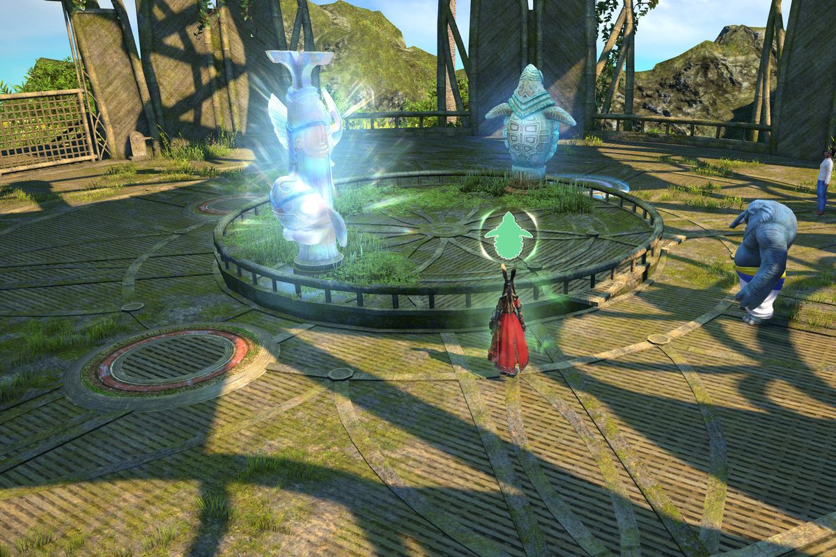A Viera in red with a turtle symbol over her head stands in front of several glowing statues in FFXIV.