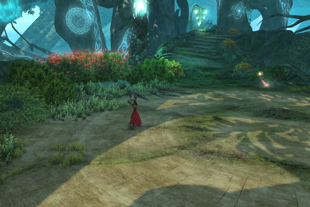 A Viera in red stands in front of a bush highlighted with bright red flowers in FFXIV