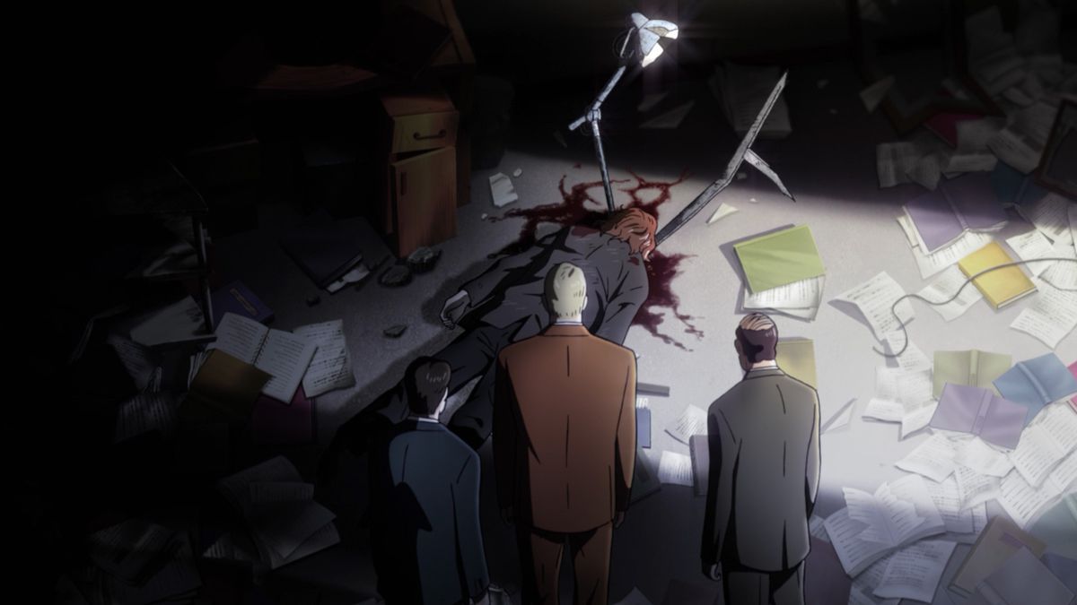 Gesicht, the protagonist of Pluto, stands at a crime scene alongside two human police officers over the corpse of a man with metal rods sticking out from the sides of its head like horns in Pluto.
