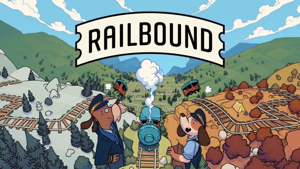 Promotional image for the game Railbound. Two dogs look on at a train track set in a valley, with the graphics "Railbound" in the centre of the image.