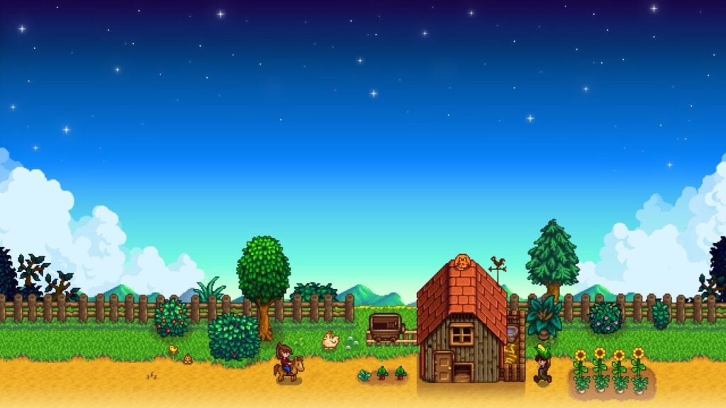 A screenshot from the game Stardew Valley, featuring a blue evening sky filled with stars and a farm. 