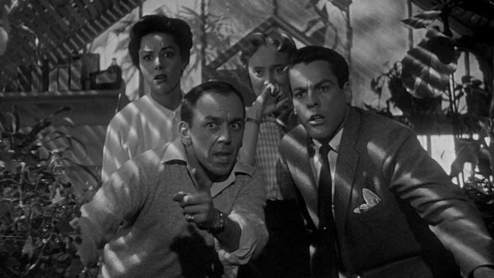 Two men and two women hiding in Invasion of the Body Snatchers.