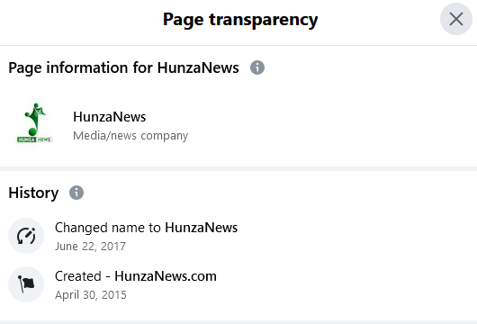 Slika 2 Datum ustvarjanja Facebook strani HunzaNews