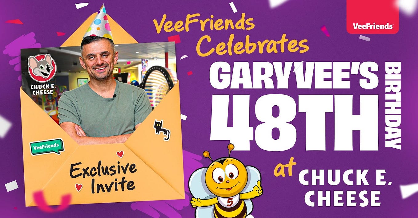 Születésnapi meghívó: a VeeFriends ünnepli GaryVee 48. születésnapját Chuck E. Cheese-nél