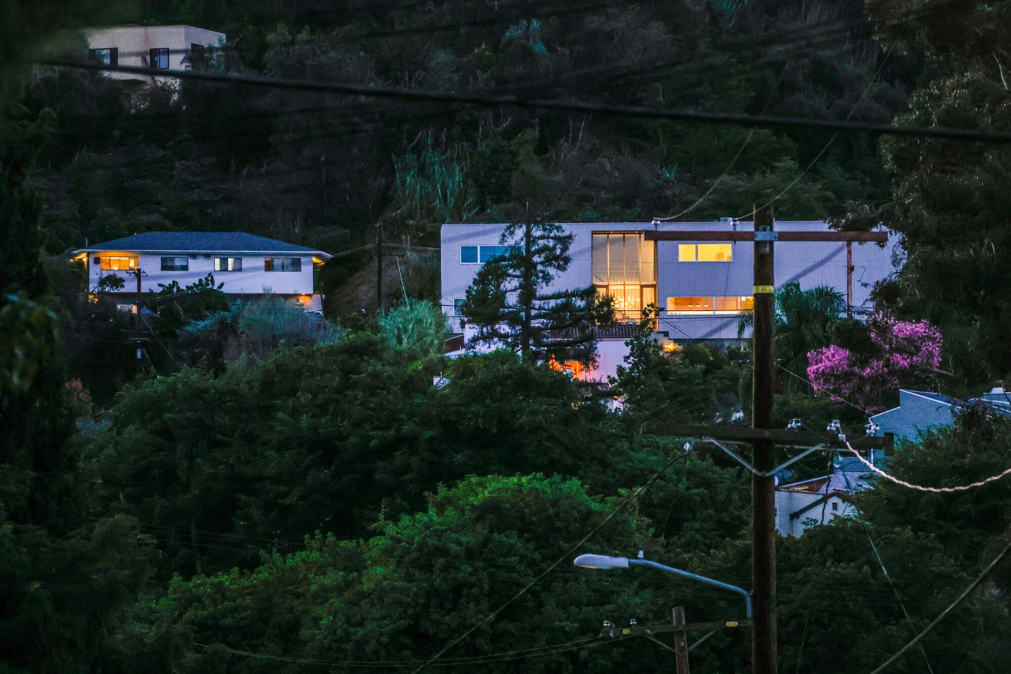 From a distance, a warm yellow light glows inside Simon Storey's home, surrounded by trees, at dusk.