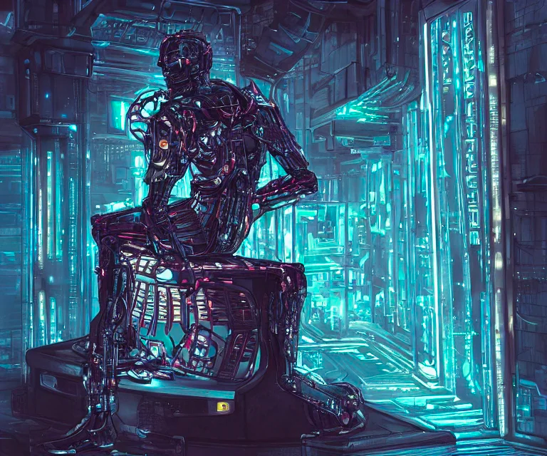 Podpowiedź: „Przezroczysty cyborg siedzący na metalowym tronie w futurystycznym zamku, cyberpunk, bardzo szczegółowe, ostre linie, neony”