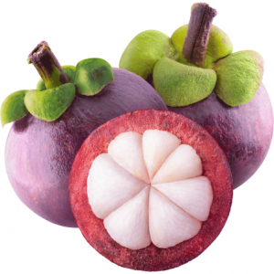 Picture of 2 Mangosteen Fruits and one cut in half.
