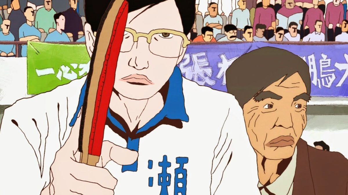 Makoto “Smile” Tsukimoto dan pelatihnya Jō “Butterfly” Koizumi bersiap untuk pertandingan tenis meja di Ping Pong.