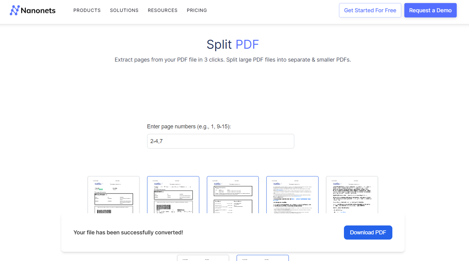 Nanonets Split PDF Tools proces til at fjerne sider fra PDF'er