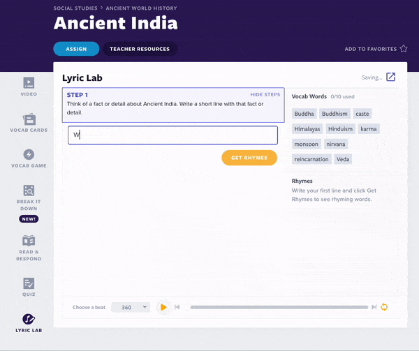 Lyric Lab Ancient India activity