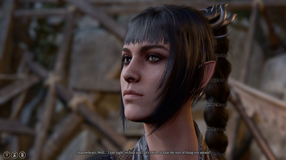 An elf with a ponytail glares while flirting in Baldur’s Gate 3.
