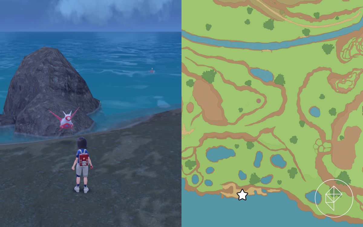 A map showing where to find Latias on the beach in Pokémon Scarlet and Violet