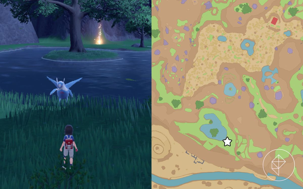 一张地图，显示在《精灵宝可梦 猩红与紫罗兰》中靠近湖边的位置可以找到拉帝欧斯。