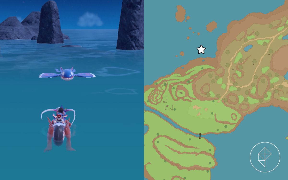 A map showing where to find Kyogre in the ocean in Pokémon Scarlet and Violet