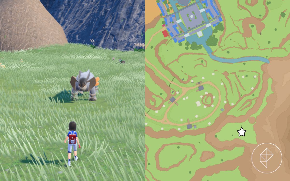一张地图显示了《精灵宝可梦 猩红与紫罗兰》中在草地上可以找到 Terrakion 的位置