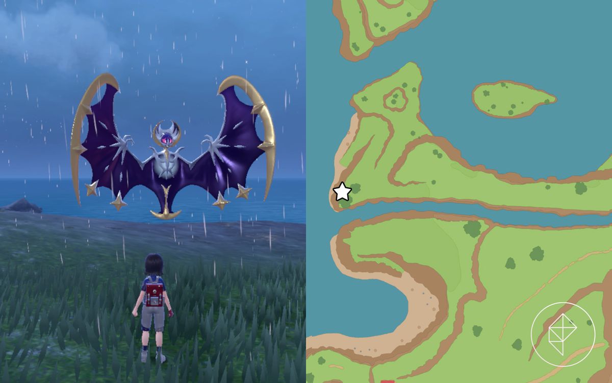 A map showing where to find Lunala on a cliff in Pokémon Scarlet and Violet