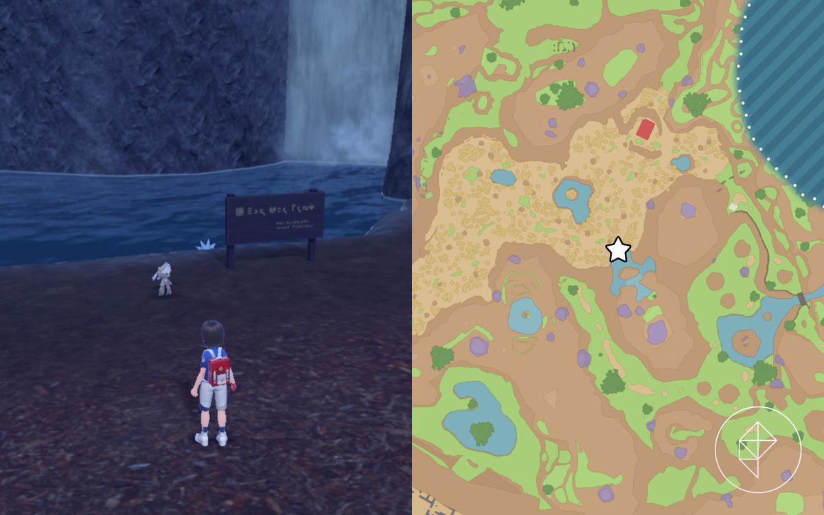 A map showing where to find Kubfu by a waterfall in Pokémon Scarlet and Violet
