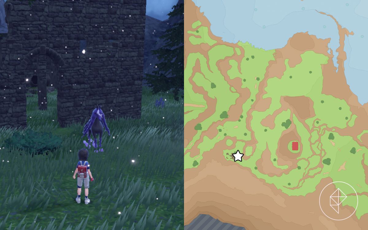 一张地图，显示在神奇宝贝猩红与紫罗兰的废墟中可以找到幽灵的位置